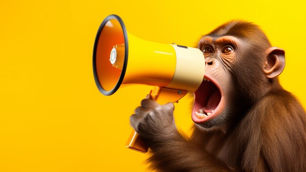 Macaco segurando megafone em estúdio