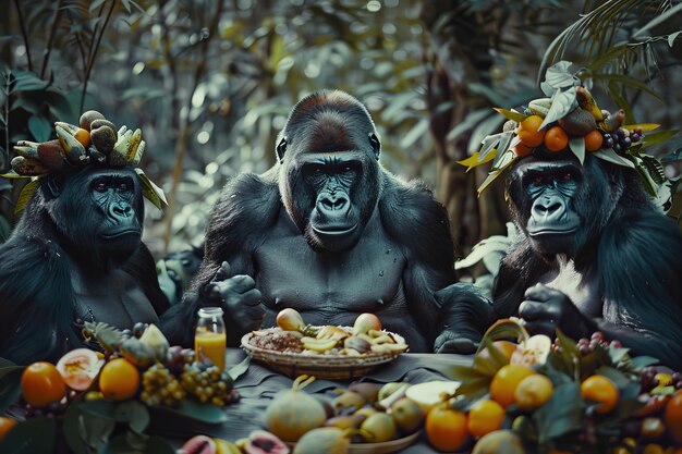 Macacos a desfrutar de um piquenique num mundo de fantasia.