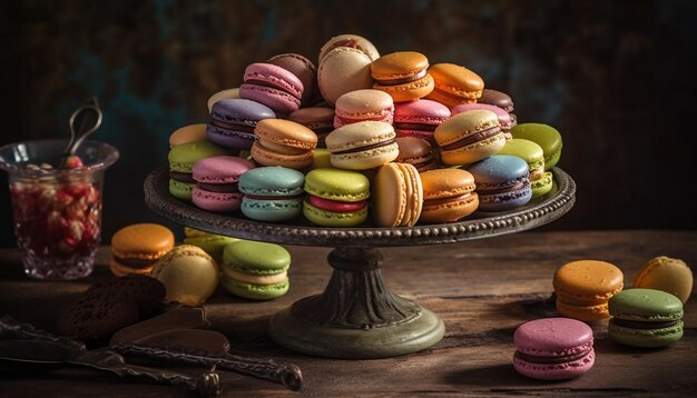 Macarons empilhados na mesa de madeira rústica gerada por IA