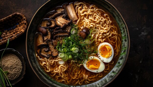 Macarrão de carne de porco gourmet saudável em sopa gerada por IA