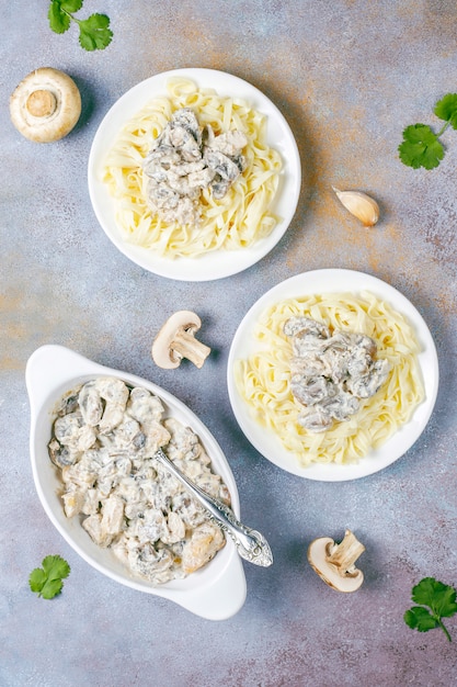 Macarrão fettucine com frango e cogumelos