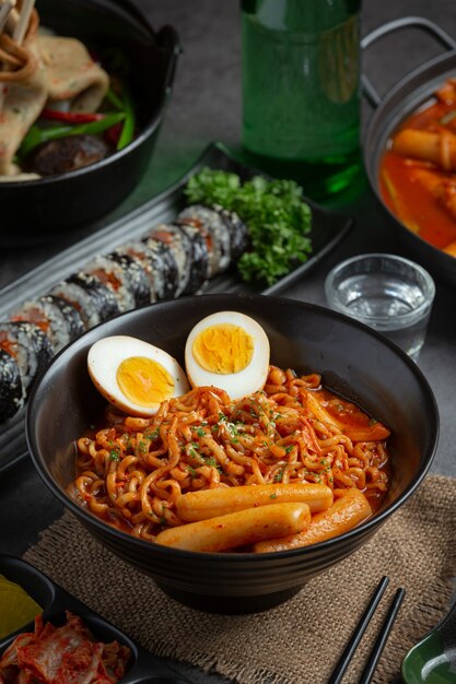 Macarrão instantâneo coreano e tteokbokki em molho picante coreano, comida antiga