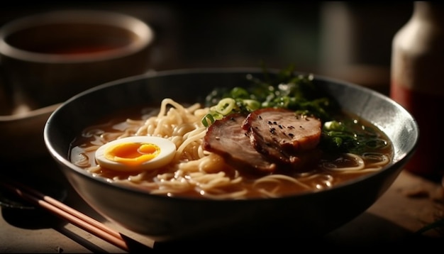 Macarrão ramen gourmet com carne de porco e vegetais gerados por IA