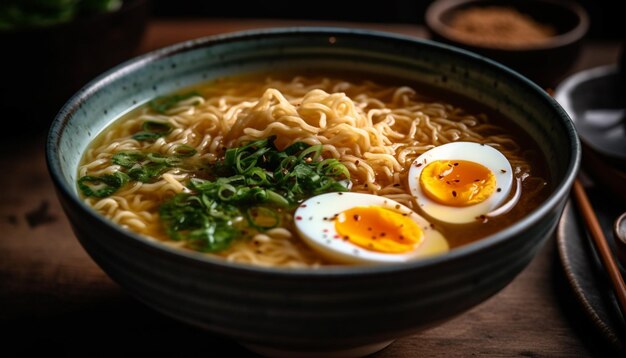 Macarrão ramen gourmet em uma tigela amarela gerada por IA