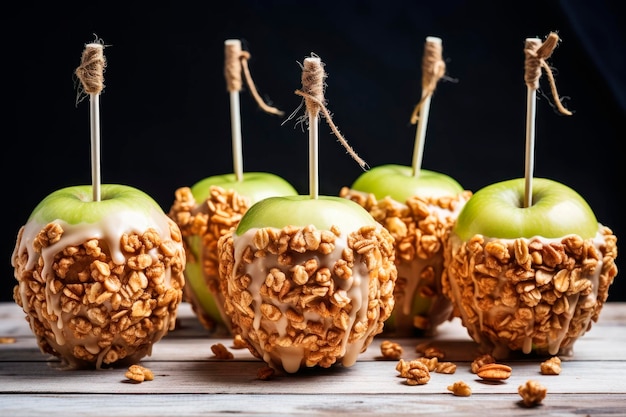 Maçãs carameladas com nozes no palito para o halloween na mesa de madeira