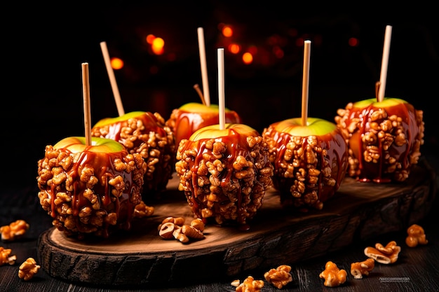 Foto grátis maçãs carameladas com nozes no palito para o halloween na mesa de madeira