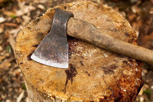 Foto grátis machado de corte de madeira de close-up