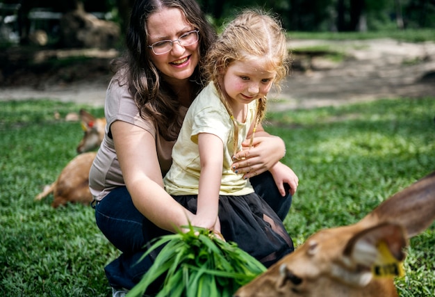 Mãe, ajudando, dela, criança, alimentação, veado