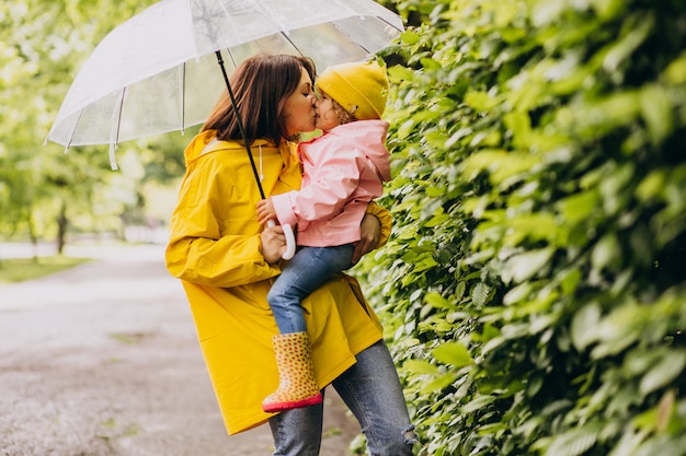 Mãe com filha caminhando na chuva sob o guarda-chuva