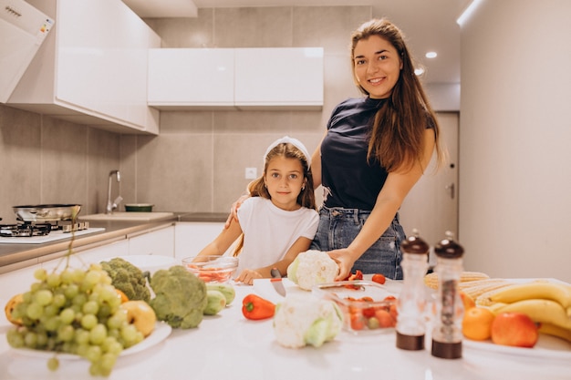 Mãe com filha cozinhar juntos na cozinha