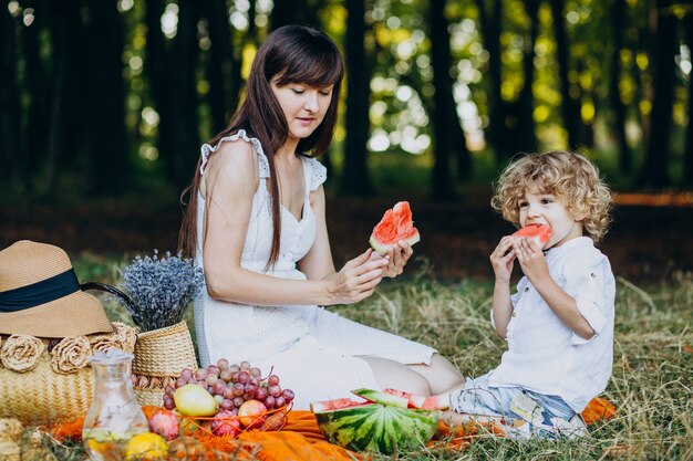 Mãe com filho fazendo piquenique no parque