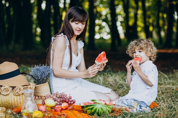 Mãe com filho fazendo piquenique no parque