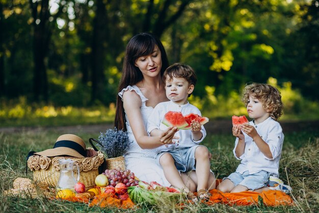 Mãe com os filhos fazendo piquenique no parque