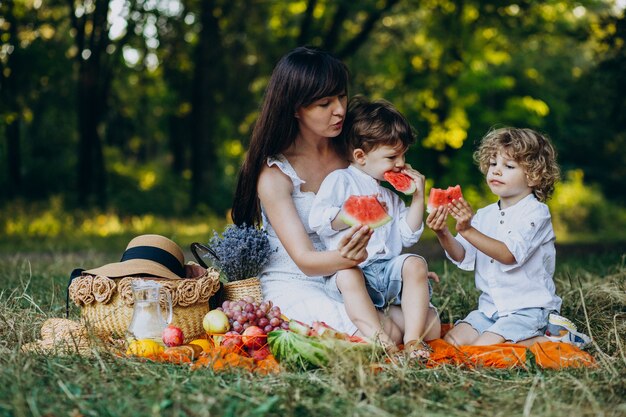 Mãe com os filhos fazendo piquenique no parque