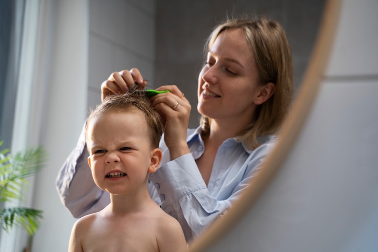 Foto grátis mãe cuidando de seu filho com piolhos