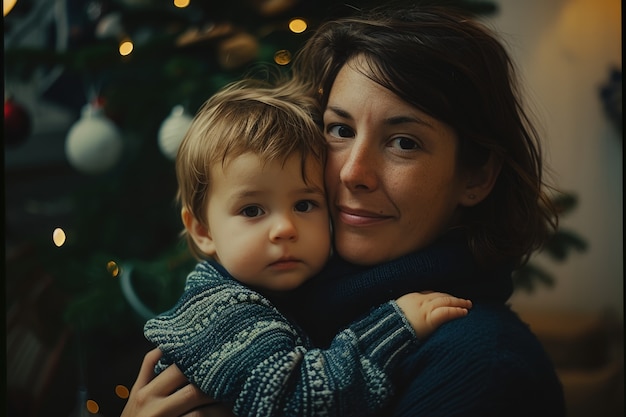 Mãe de tiro médio segurando filho