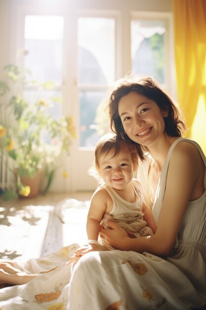 Mãe de tiro médio segurando filho