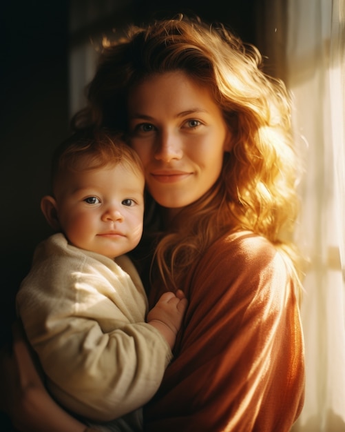 Mãe de tiro médio segurando filho