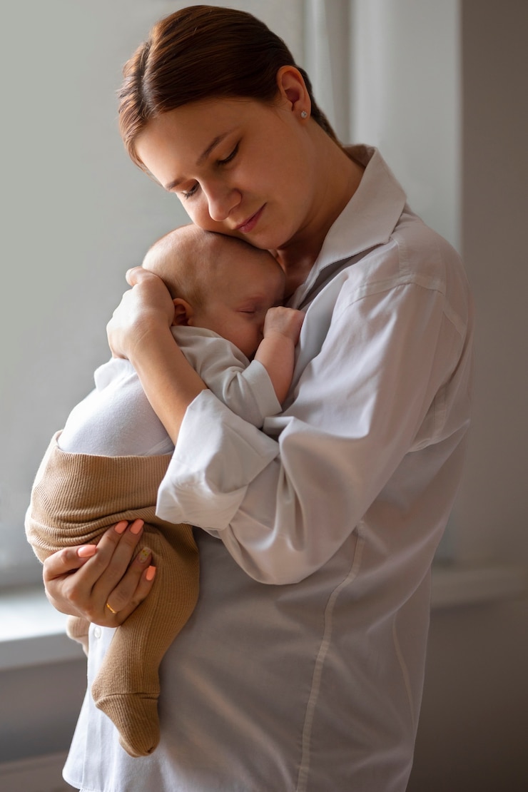 Foto grátis mãe de vista lateral com bebê em casa