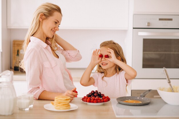 Mãe e filha assando panquecas