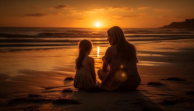 Mãe e filha na praia gerada por ia