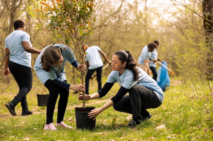 Foto grátis mãe e filha preparando-se para plantar uma árvore na floresta