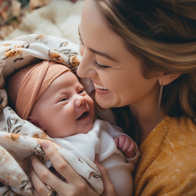 Foto grátis mãe feliz de alto ângulo segurando bebê