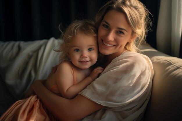 Mãe sorridente de tiro médio segurando o bebê