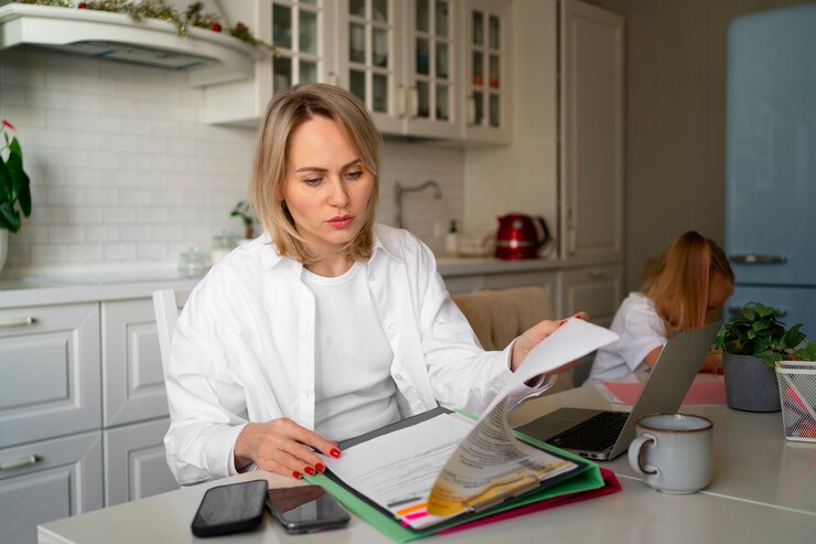 Foto grátis mãe trabalhando em casa tentando equilibrar a vida familiar com a criança e o trabalho
