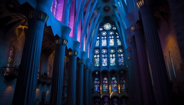 Foto grátis majestosa basílica gótica iluminada com vitrais gerados por ia