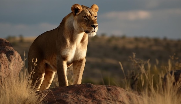 Majestosa leoa descansando na savana africana gerada por IA