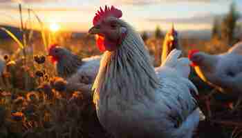 Foto grátis majestoso galo cantando ao nascer do sol em granja rural gerada por inteligência artificial