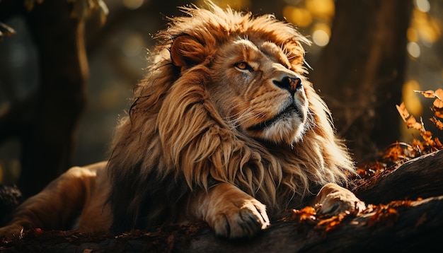 Foto grátis majestoso leão descansando na savana escondendo força na natureza gerada pela inteligência artificial