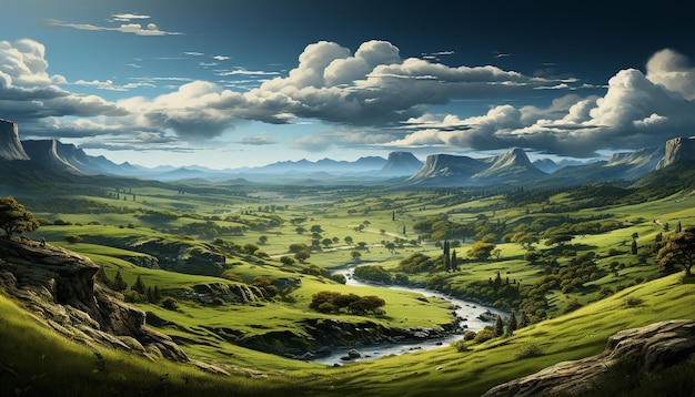 Majestoso pico da montanha prado verde céu tranquilo natureza beleza gerada pela inteligência artificial