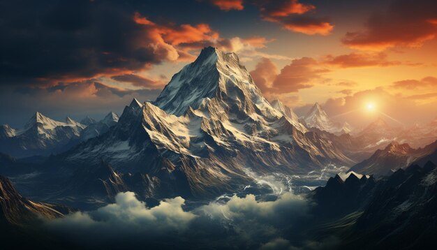 Majestoso pico de montanha panorâmico pôr do sol coberto de neve beleza na natureza gerada pela inteligência artificial