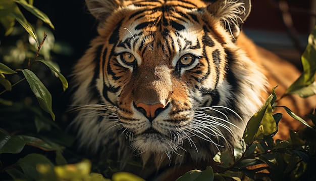 Foto grátis majestoso tigre de bengala, feroz e belo escondido em floresta verde gerada por inteligência artificial