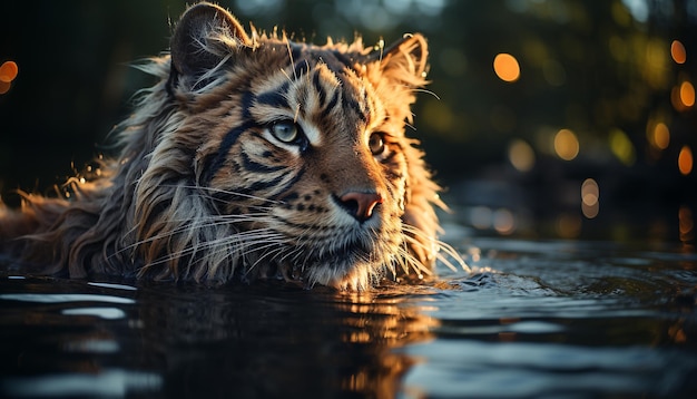 Majestoso tigre de Bengala observando a beleza na cena tranquila da natureza gerada pela inteligência artificial