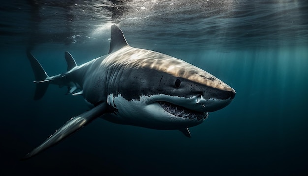 Majestoso tubarão-de-pontas-pretas nadando em águas profundas geradas por IA