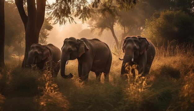 Manada de elefantes africanos pastando em savana tranquila gerada por IA