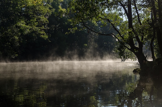 Manhã mágica com neblina sobre o lago e sol em Savean