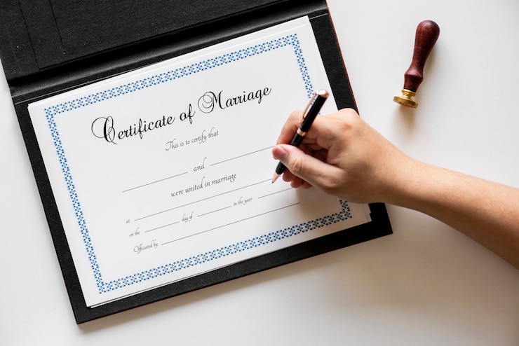 Foto grátis mão, assinando, ligado, certificação casamento
