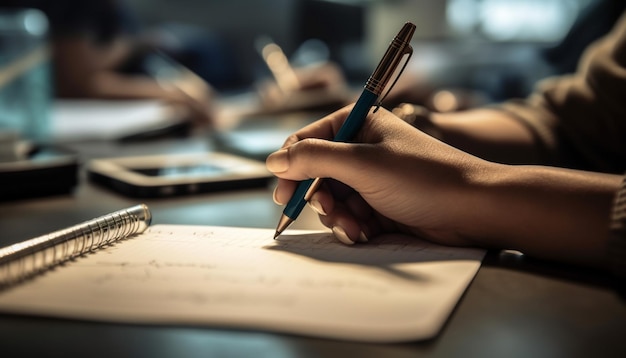 Mão caucasiana segurando lápis estudando plano de negócios dentro de casa gerado por IA