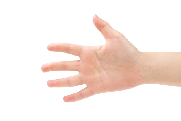 Mão da mulher isolada no fundo branco, mostrando cinco. copie o espaço
