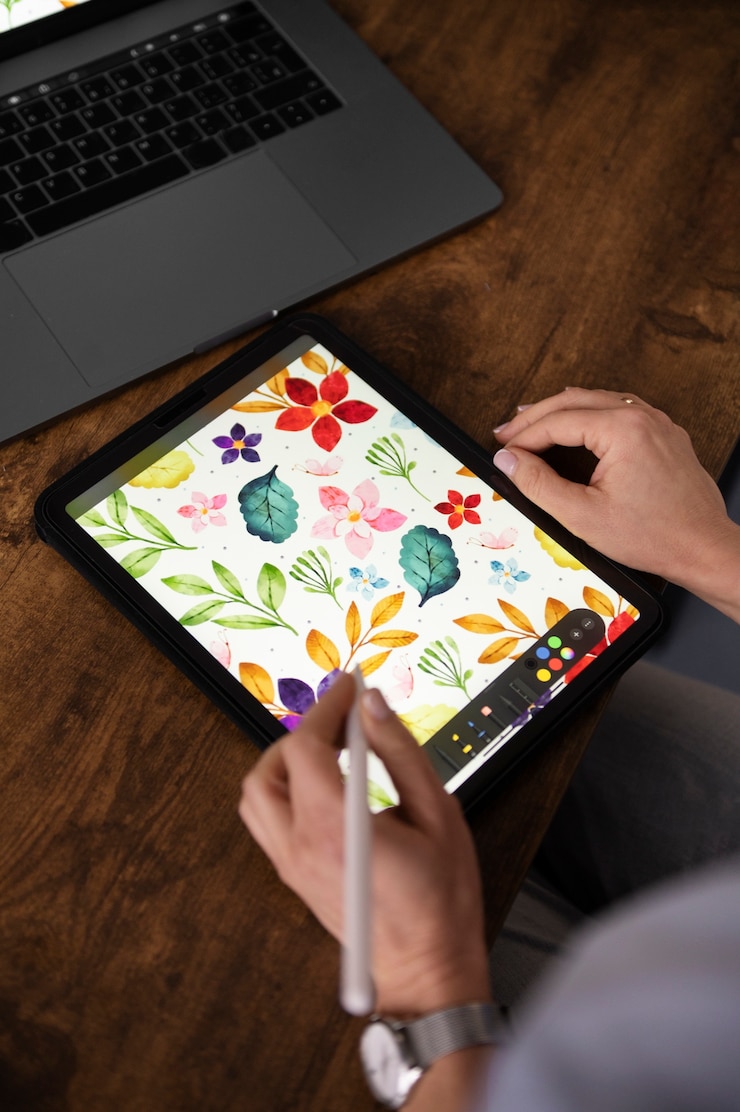 Foto grátis mão de alto ângulo desenhando no ipad