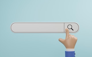 Mão de empresário tocando na barra de ícones de pesquisa para seo ou otimização de mecanismo de pesquisa do conceito de pesquisa de marketing por ilustração de renderização 3d