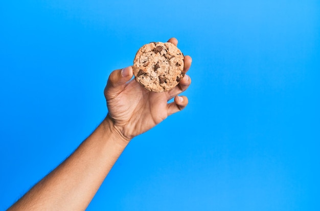 Mão de jovem hispânico segurando biscoito de chocolate sobre fundo azul isolado.