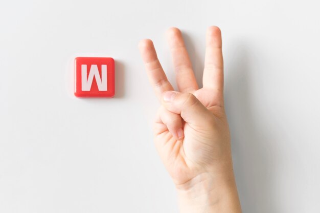 Mão de língua de sinais, mostrando a letra w