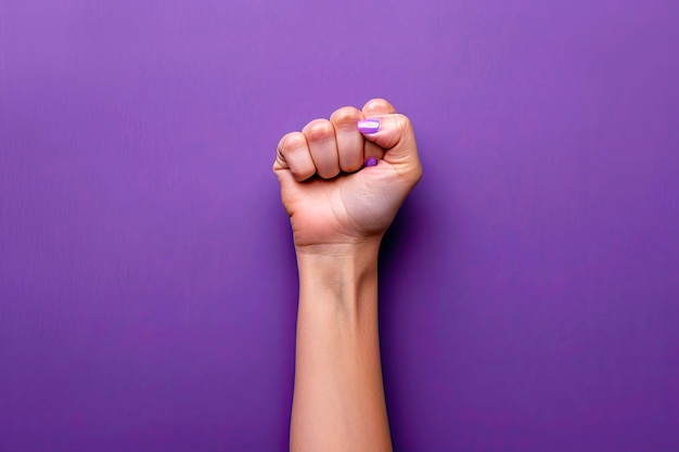 Foto grátis mão de mulher com punho levantado em fundo roxo