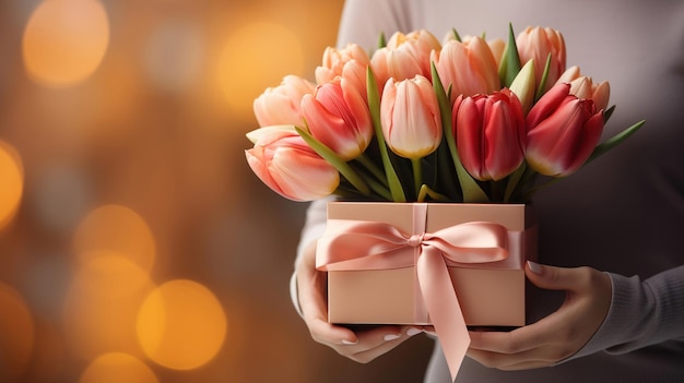 Mão de mulher dando presente com tulipas para uma menina