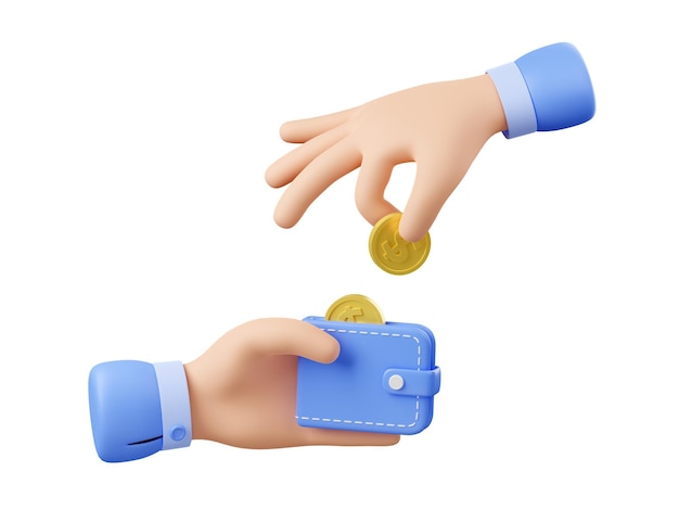 Mão de renderização 3d colocando moedas na carteira em branco